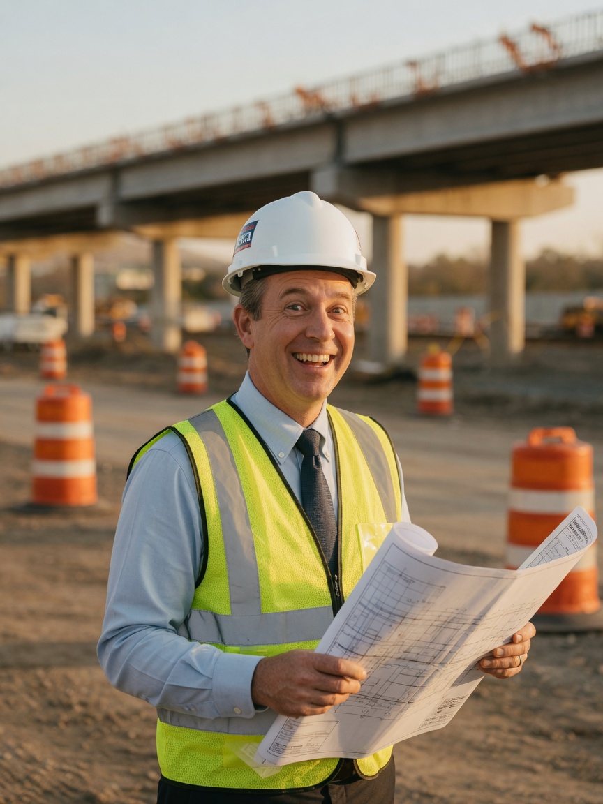 Bob Schmordl on a highway construction site in a hard hat and safety vest, holding plans, still smiling like the contract might be just behind the camera.